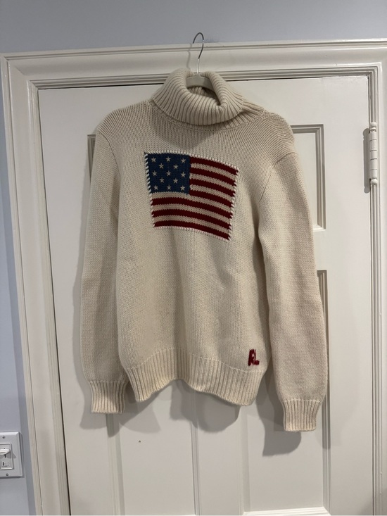 Ralph Lauren Purple Label Sweaters - Ralph Lauren Purple Label Cream Turtleneck Sweater with Flag Motif